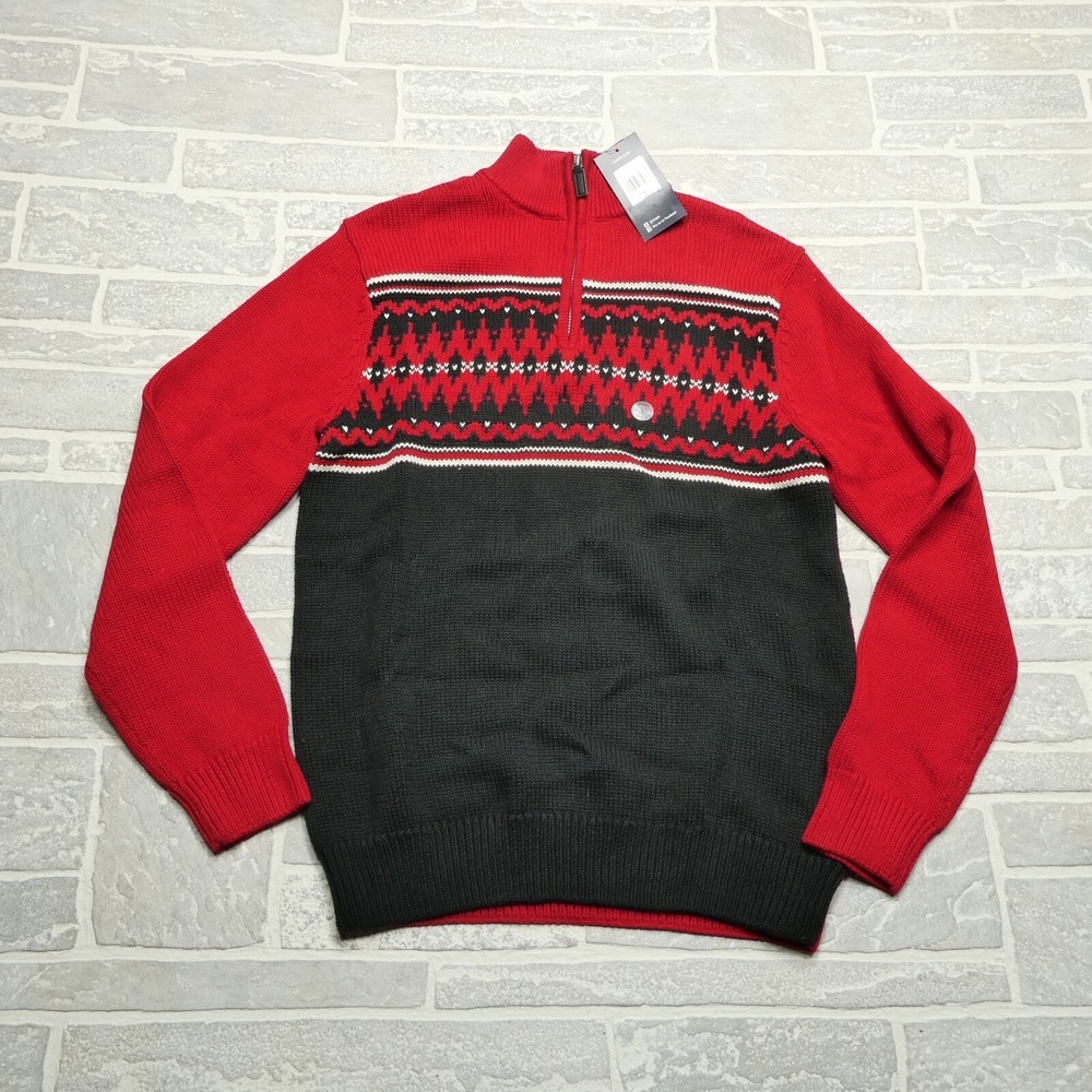Chaps Sweater Mens Small Red Heavy Knit Cotton‎ 1/4 Zip Mock Neck Fair Isle NWT